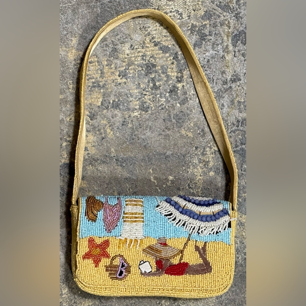 Beaded Beach Scene Themed Shoulder Bag Handcrafted in India - NWT